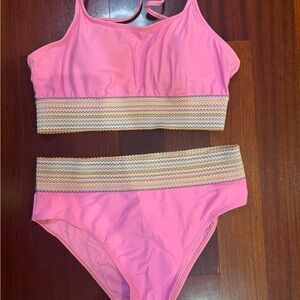 Pink Bikini Set with Patterned Waistband